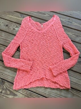 Free People Coral Popcorn Knit Sweater XS Oversized Boho Pullover